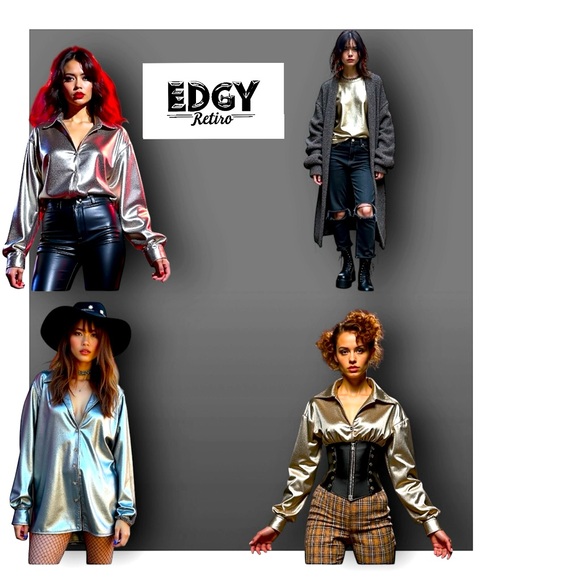 RETRO VINTAGE CONTEMPO CASUALS GOLD METALLIC LONG-SLEEVE OVERSIZED BUTTONED N sz - Picture 12 of 12